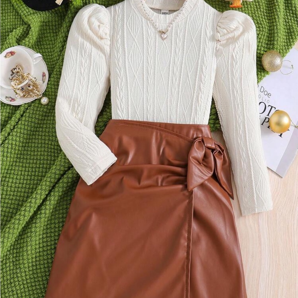 Knit Sweater & Brown Faux Leather Skirt